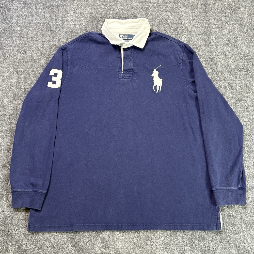 Polo Ralph Lauren Big Pony Rugby Shirt Mens 2XL Blue Long Sleeve Diamond Stitch